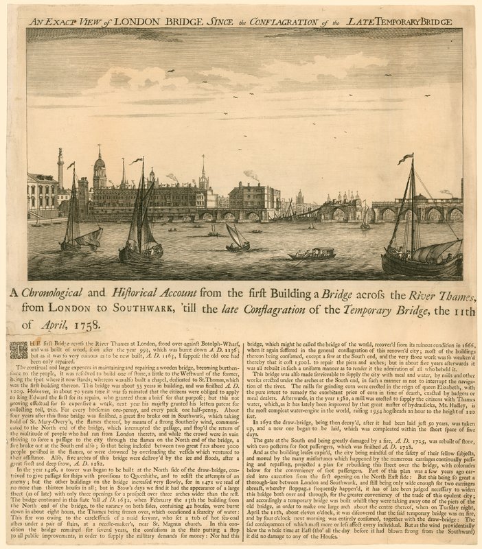 Exacte Weergave van de London Bridge sinds de brand van de late tijdelijke brug, 11 april 1758 door English School