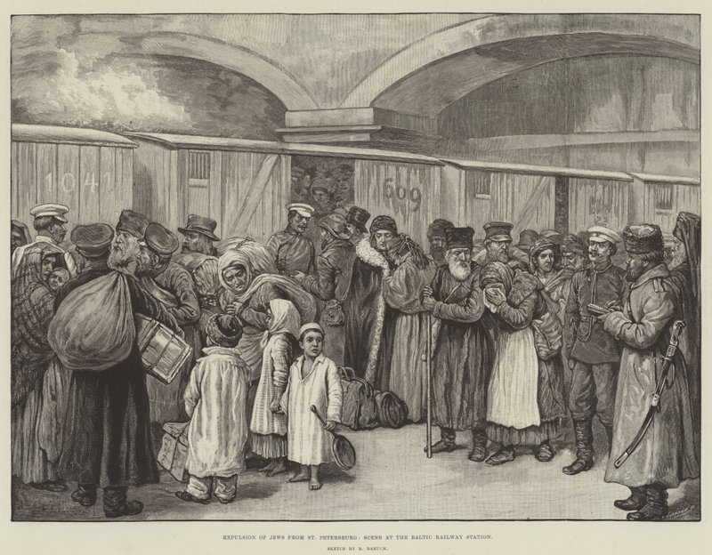 Uitdrijving van Joden uit Sint-Petersburg, scène op het Baltische treinstation door English School