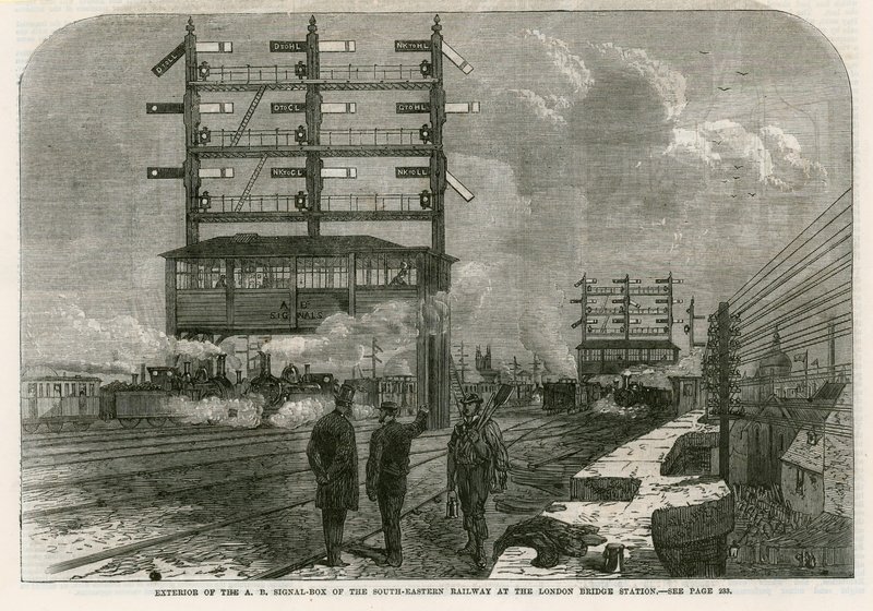 Exterieur van de AB seinhuis van de Zuid-Oostelijke Spoorweg bij het London Bridge Station door English School