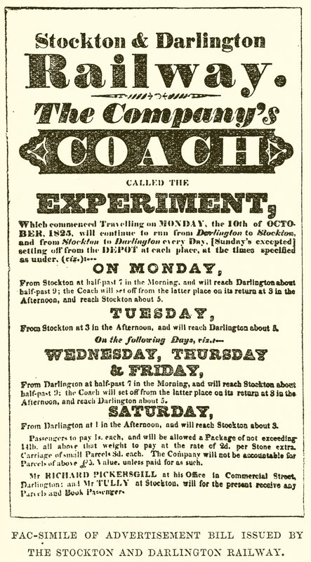 Facsimile van Advertentiebiljet uitgegeven door de Stockton en Darlington Spoorweg door English School
