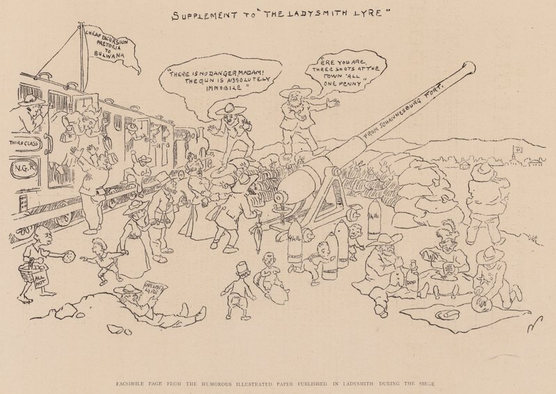 Facsimile pagina uit de humoristische geïllustreerde krant gepubliceerd in Ladysmith tijdens het beleg (litho) door English School