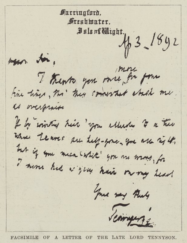 Facsimile van een brief van wijlen Lord Tennyson door English School