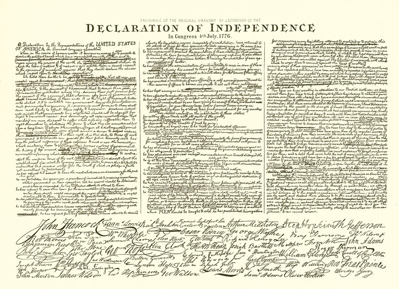 Facsimile van het Originele Ontwerp door Thomas Jefferson van de Onafhankelijkheidsverklaring in het Congres 4 juli 1776 door English School