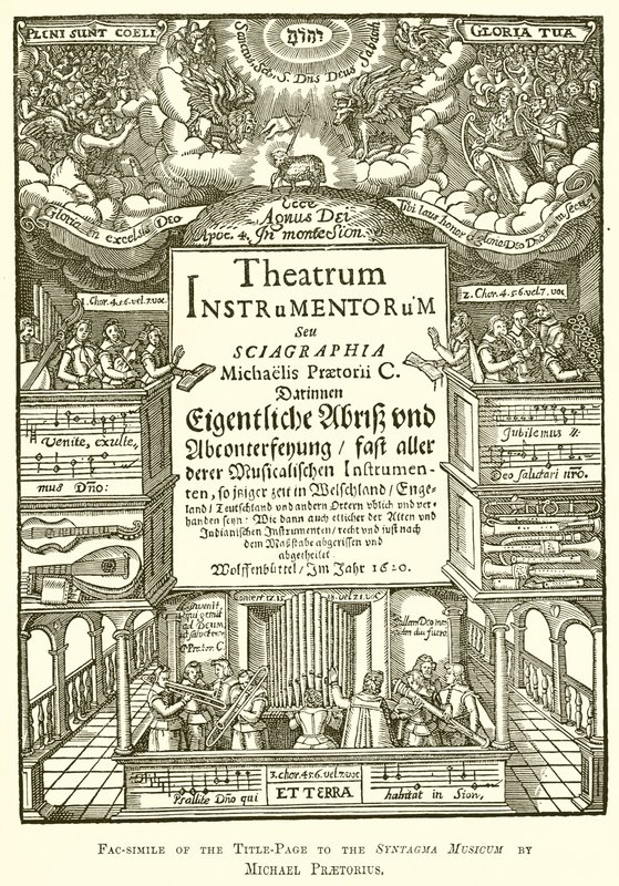 Facsimile van de titelpagina van het Syntagma Musicum door Michael Praetorius door English School