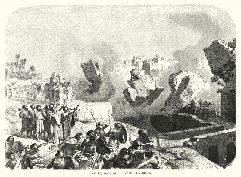 Het instorten van de muren van Jericho (gravure) door English School