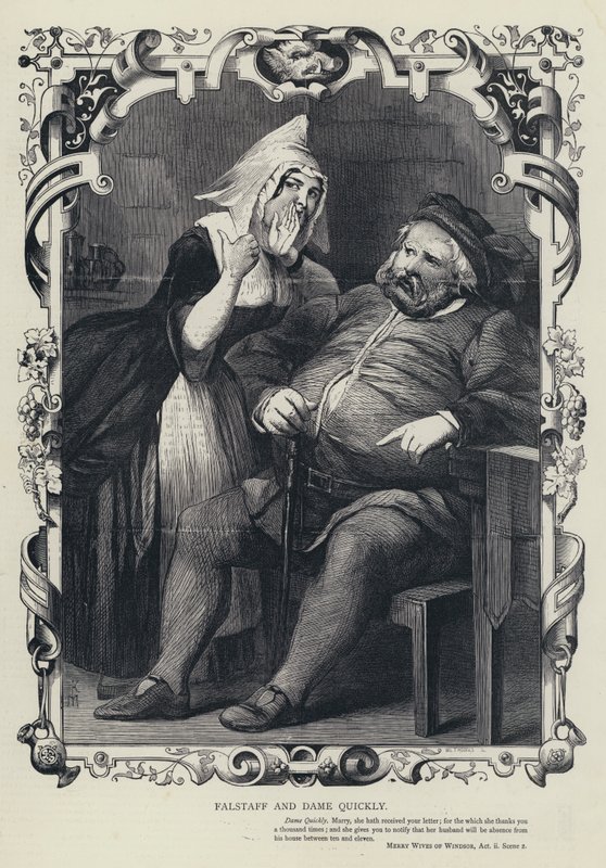 Falstaff en Dame Quickly, De Vrolijke Vrouwen van Windsor, Acte II, Scène 2 (gravure) door English School