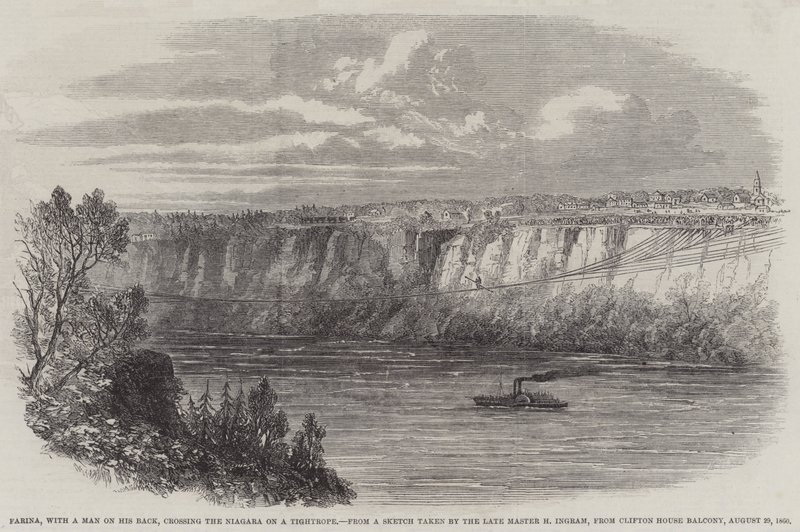 Farina, met een Man op zijn Rug, die de Niagara oversteekt op een Strakke Koord, vanaf het Balkon van Clifton House, 29 Augustus 1860 door English School