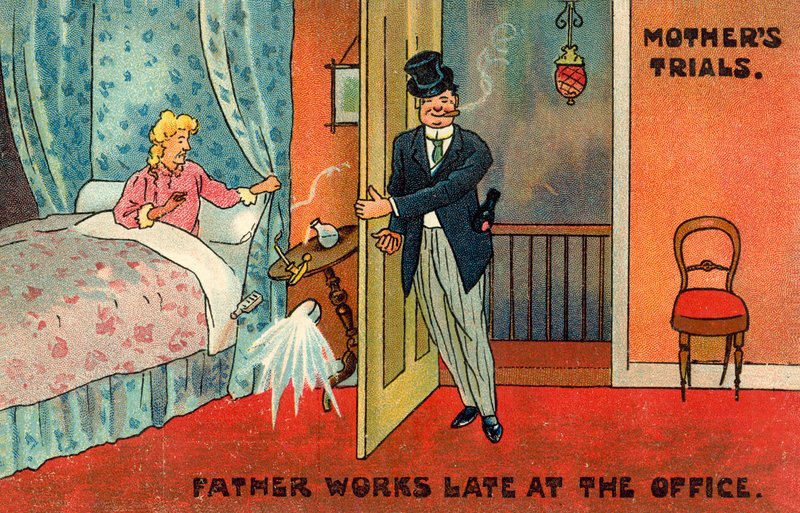 Vader werkt laat op kantoor (kleur litho) door English School