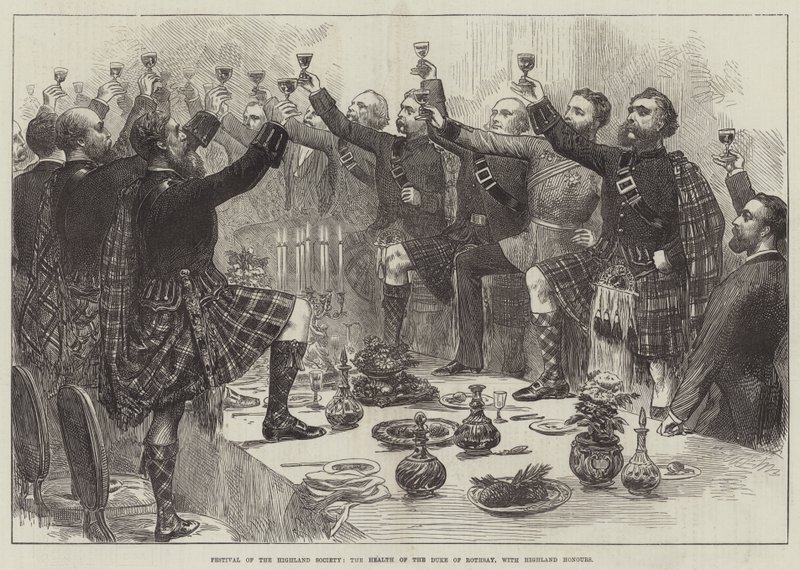 Festival van de Highland Society, de gezondheid van de hertog van Rothsay, met Highland-eerbewijzen door English School