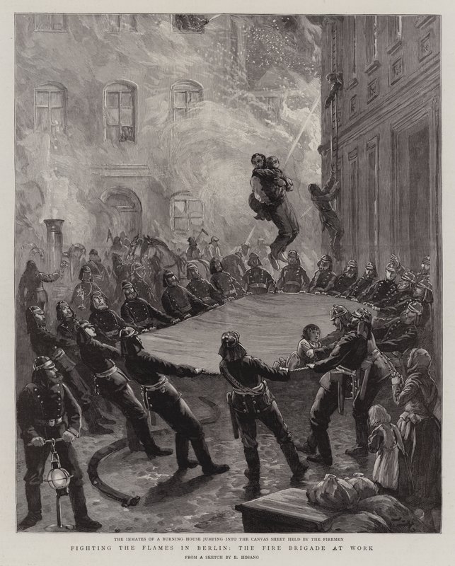 De vlammen bestrijden in Berlijn, de brandweer aan het werk (gravure) door English School