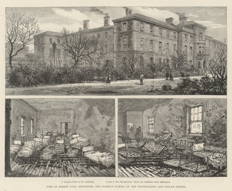Brand in Forest Gate, Stratford, de districts school van de Whitechapel en Poplar Unions door English School