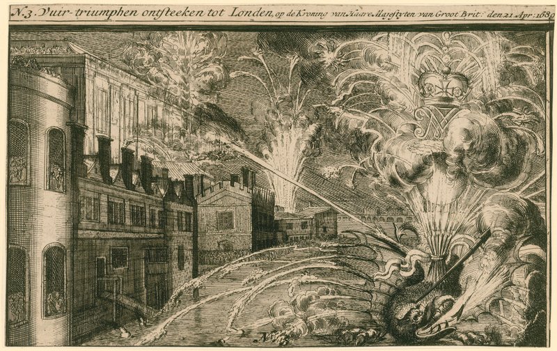 Vuurwerk voor de kroning van Willem en Maria door English School