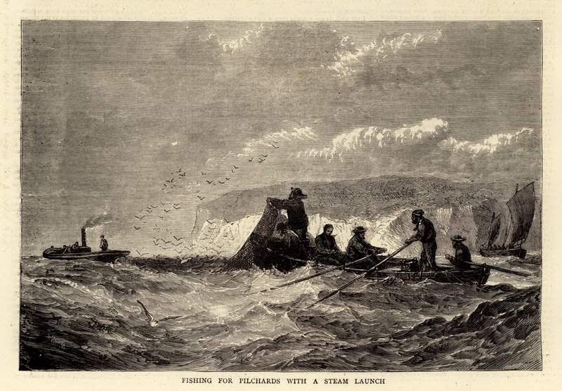 Vissen op pelserijen met een stoomboot (gravure) door English School