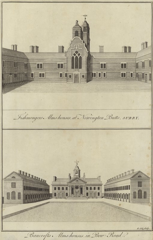 Fishmongers Almshouses, Newington Butts en Bancrofts Almshouses, Bow Road, Londen door English School