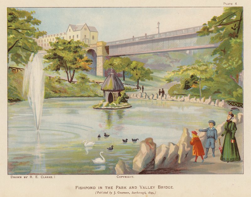 Visvijver in het park en Valley Bridge, Scarborough door English School