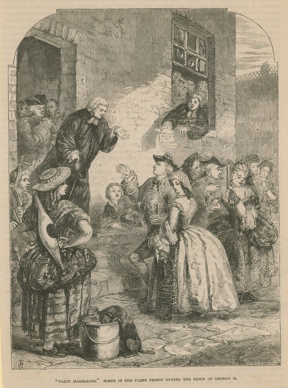 Fleet Huwelijken; scène in de Fleet Prison tijdens het bewind van Koning George II door English School