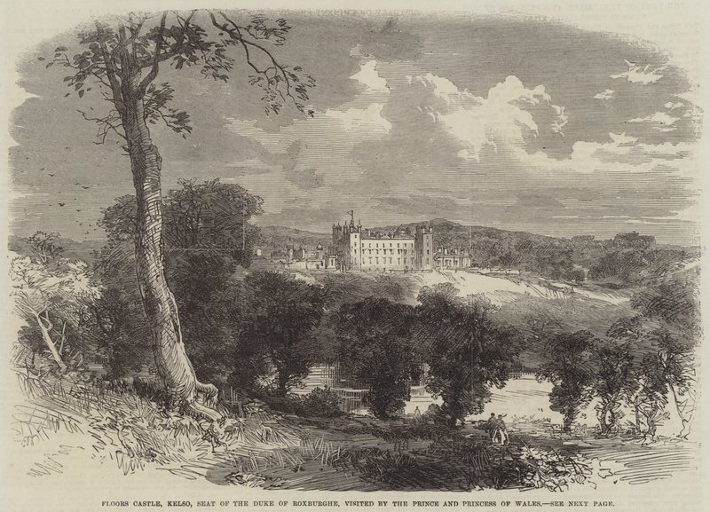 Floors Castle, Kelso, Zetel van de Hertog van Roxburghe, bezocht door de Prins en Prinses van Wales (gravure) door English School