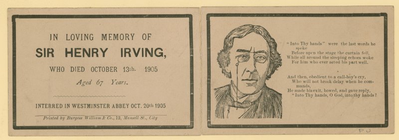 Vouwkaart ter herdenking van het overlijden van Sir Henry Irving, acteur, die stierf op 13 oktober 1905 door English School