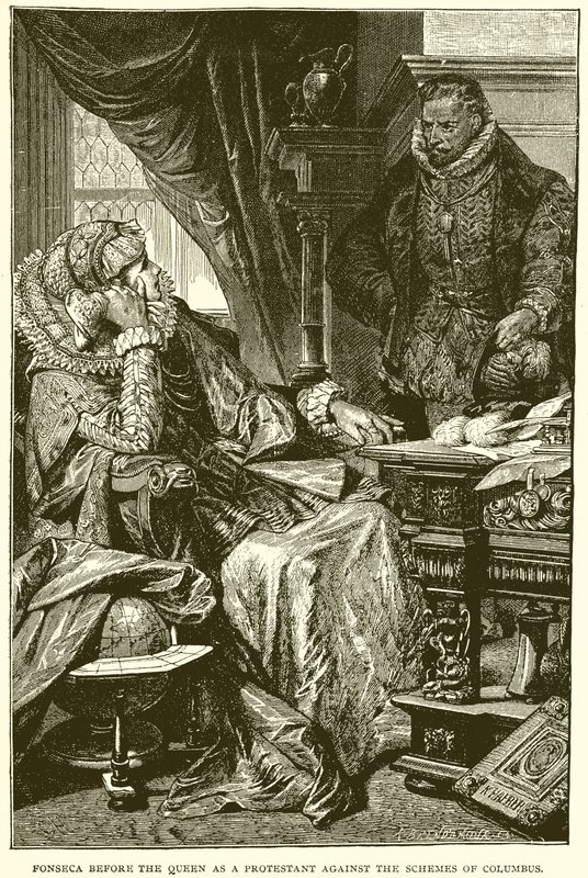 Fonseca voor de koningin als protestant tegen de plannen van Columbus door English School