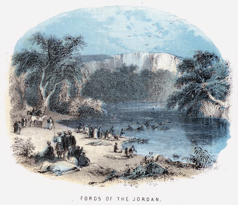 Voorden van de Jordaan (gekleurde gravure) door English School