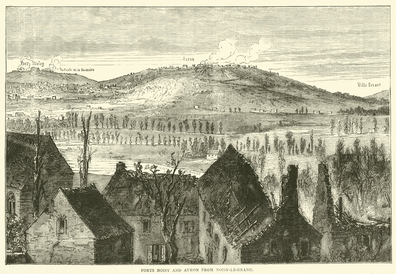 Forten Noisy en Avron vanuit Noisy-le-Grand, januari 1871 door English School
