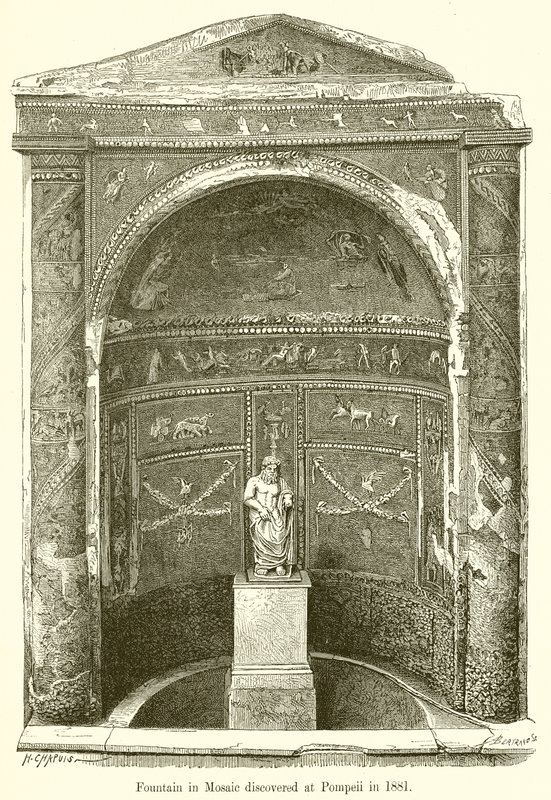 Fontein in mozaïek ontdekt in Pompeii in 1881 door English School