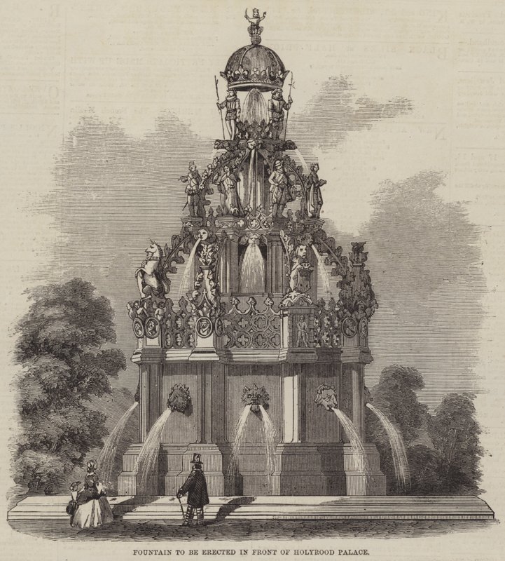 Fontein die voor het Holyrood Paleis zal worden opgericht (gravure) door English School
