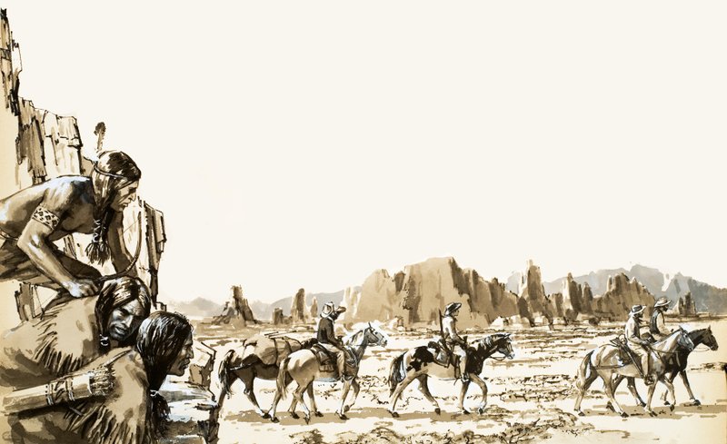Vier mannen op weg naar Funeral Mountain en Death Valley daarachter door English School