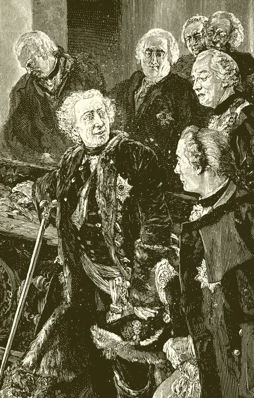 Frederik de Grote bij de kist van de Grote Keurvorst (gravure) door English School