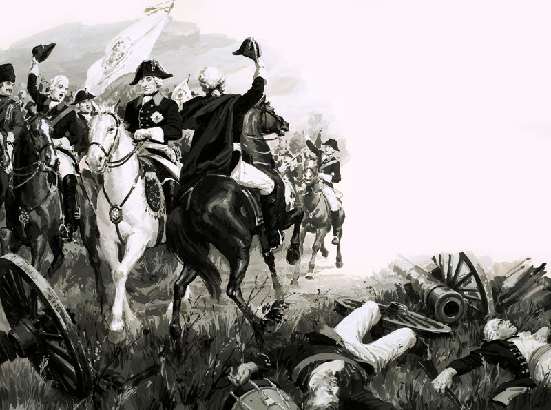 Frederik de Grote, koning van Pruisen, met zijn troepen in de strijd door English School