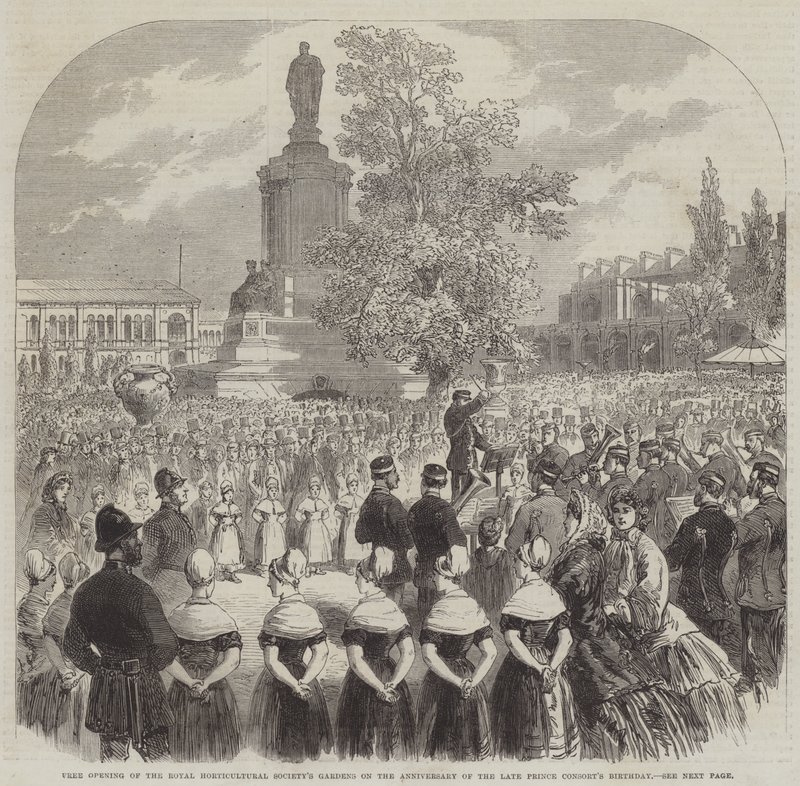 Gratis opening van de tuinen van de Royal Horticultural Society op de verjaardag van de overleden prins-gemaal (gravure) door English School
