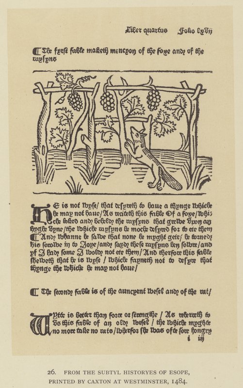 Uit de Subtyl Historyes van Esope, gedrukt door Caxton in Westminster door English School