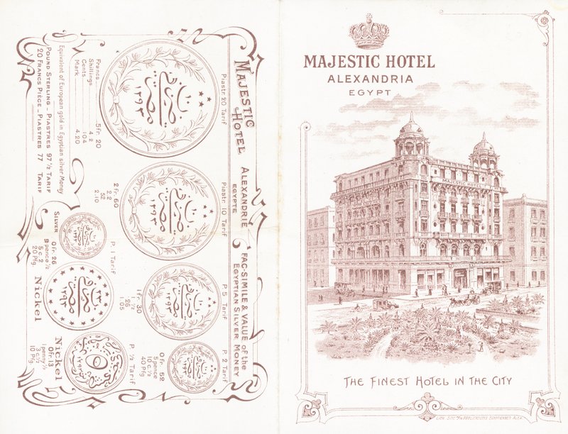 Voor- en achterkant van de brochure voor het Majestic Hotel in Alexandrië door English School