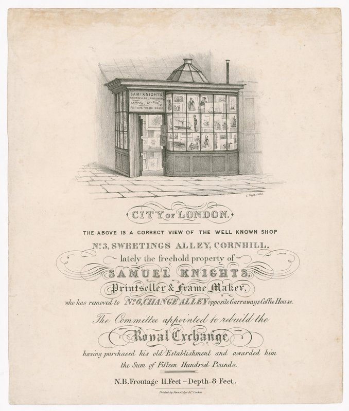 Voorzijde van No 3, Sweetings Alley, Cornhill, onlangs eigendom van Samuel Knights, prentverkoper en lijstenmaker door English School