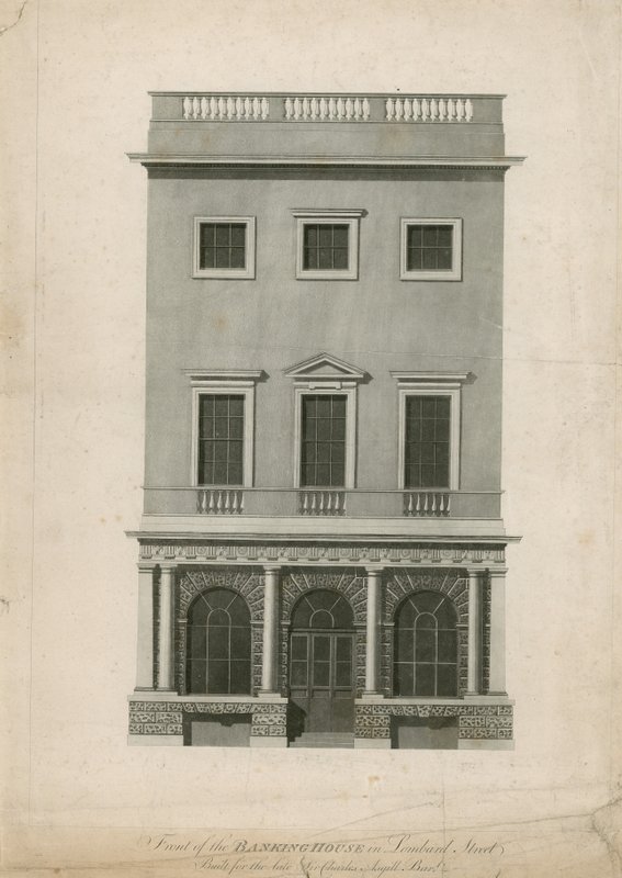 Voorzijde van het bankhuis in Lombard Street, gebouwd voor wijlen Sir Charles Asgill, Bart door English School