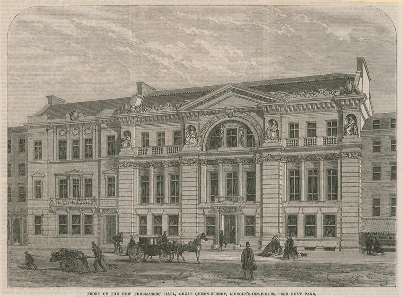 Voorkant van de nieuwe Freemasons Hall, Great Queen Street, Lincolns Inn Field, Londen door English School