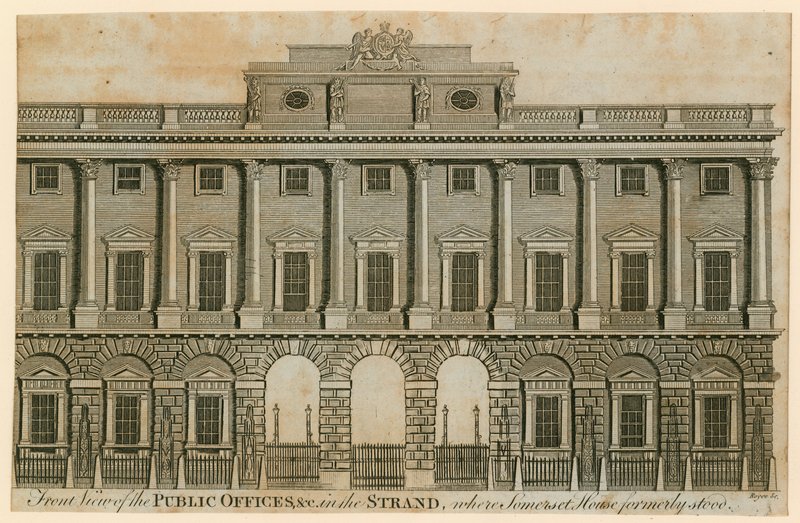 Vooraanzicht van de openbare kantoren in de Strand waar Somerset House vroeger stond door English School