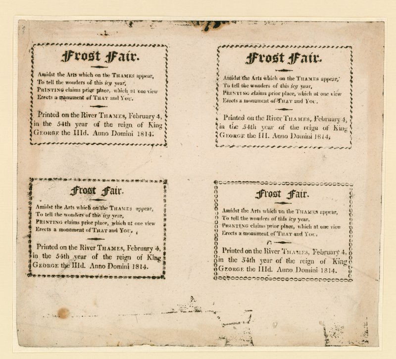 Frost Fair van 1814. Souvenirs gedrukt op het ijs door English School