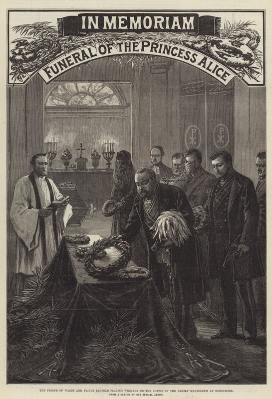 Begrafenis van prinses Alice, de prins van Wales en prins Leopold leggen kransen op de kist in het familiegraf op Rosenhohe (gravure) door English School