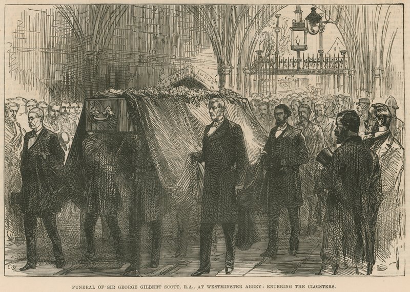 Begrafenis van wijlen Sir George Gilbert Scott, RA, in Westminster Abbey, het binnengaan van de kloosters door English School