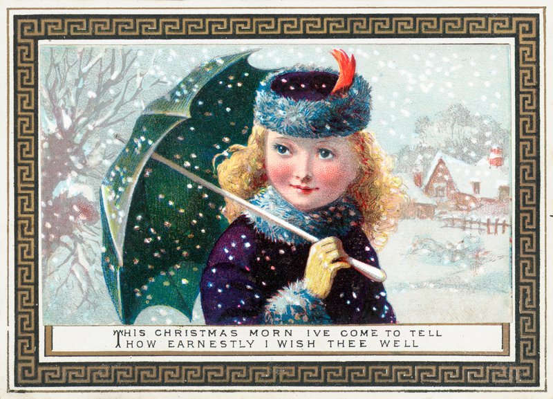 Meisje met paraplu in de sneeuw, kerstkaart door English School