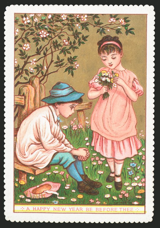 Meisje met Bloemen praat met zittende Jongen, Nieuwjaarskaart door English School