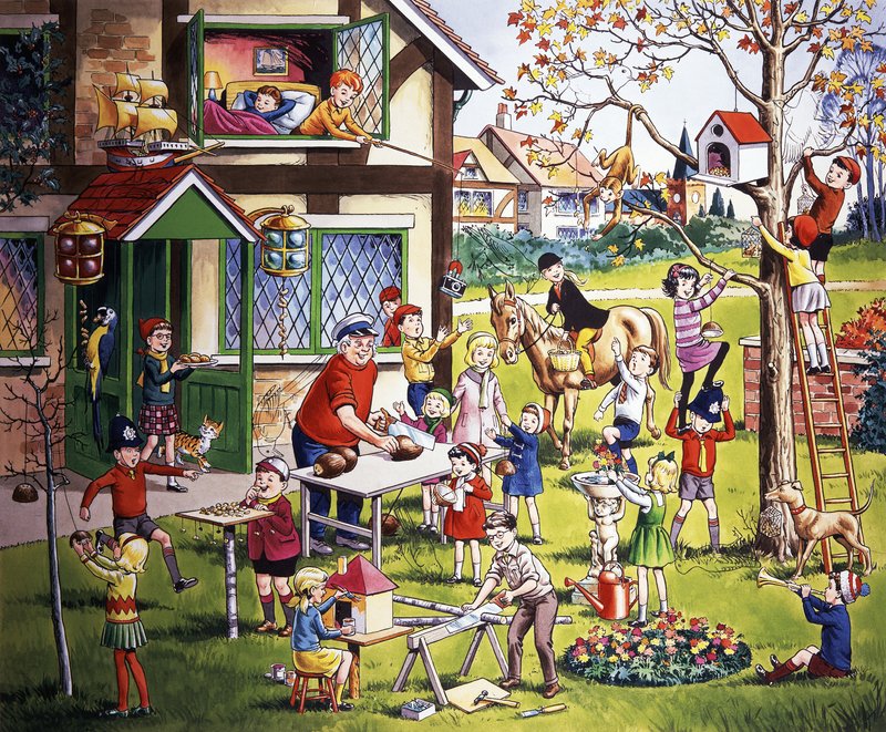 Tafereel in de tuin met kinderen (met verborgen objecten) door English School