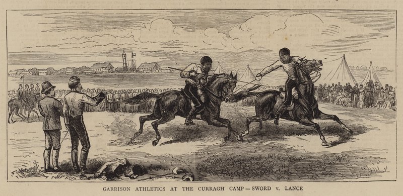Garnizoensatletiek in het Curragh-kamp, zwaard tegen lans (gravure) door English School