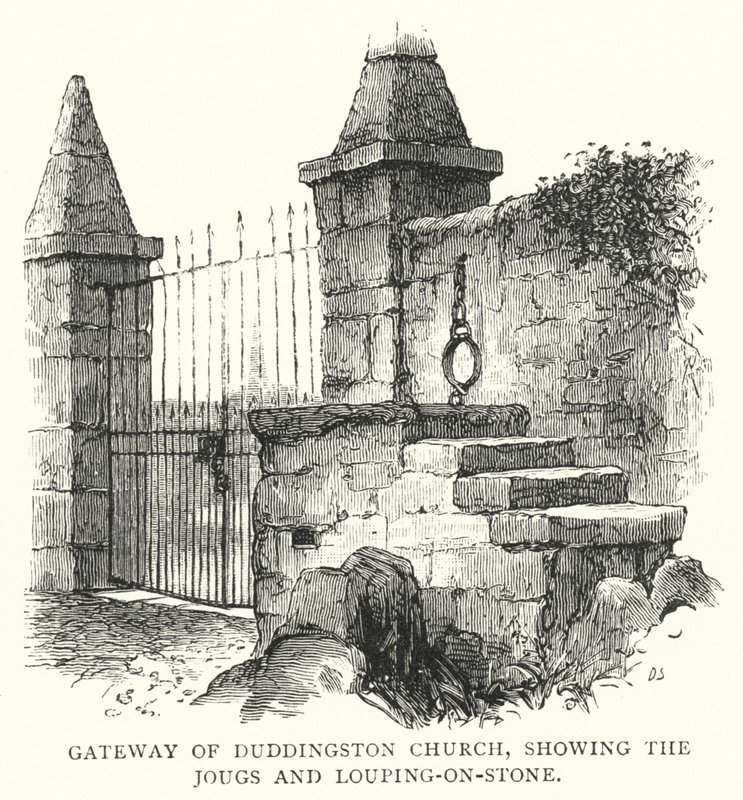 Poort van Duddingston Kerk, met de Jougs en Louping-on-Stone door English School