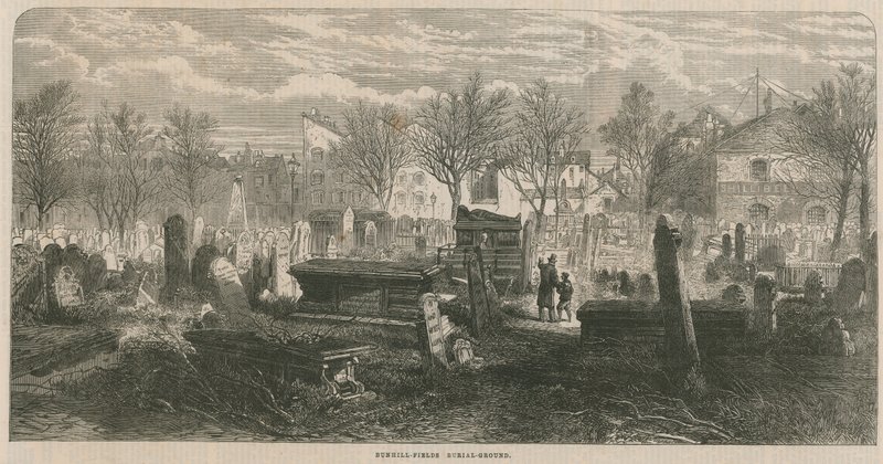 Algemeen overzicht van Bunhill Fields begraafplaats door English School