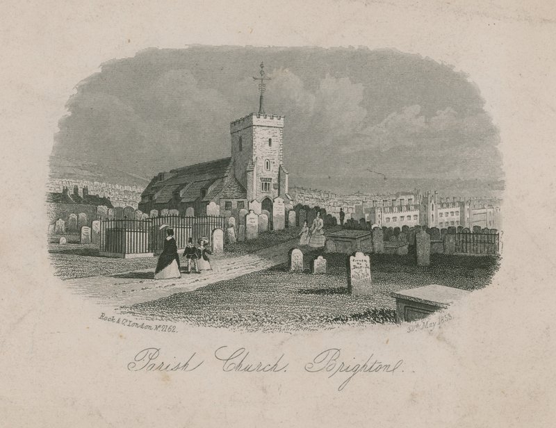 Algemeen uitzicht op de parochiekerk in Brighton door English School