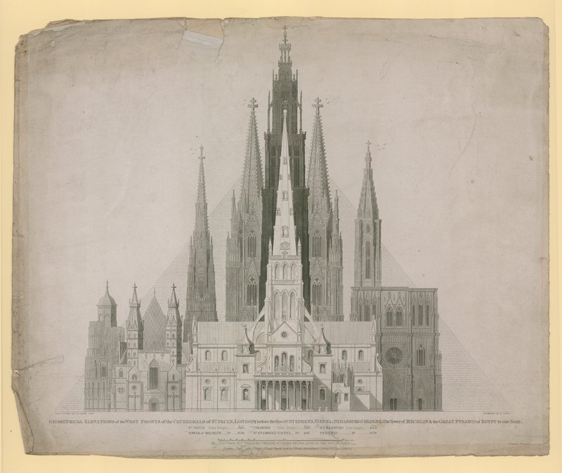 Geometrische elevaties van de westelijke gevels van de kathedralen van St. Paul