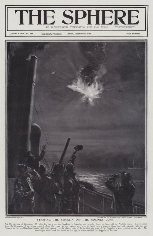Duitse Zeppelin neergeschoten in vlammen voor de kust van Norfolk, Eerste Wereldoorlog, 28 november 1916 door English School