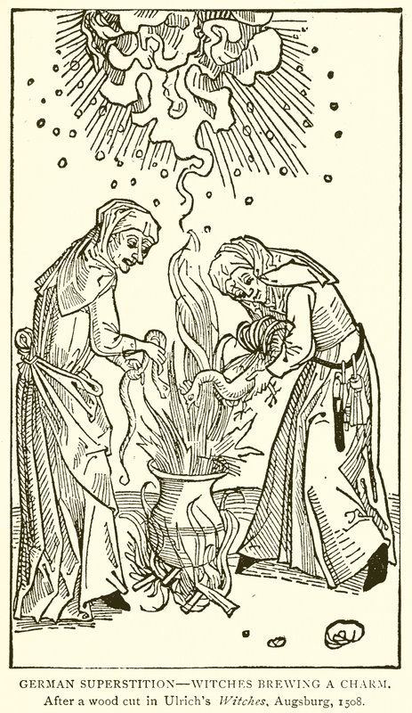 Duitse bijgeloof--Heksen brouwen een toverdrank. Na een houtsnede in Ulrichs Heksen, Augsburg, 1508 door English School